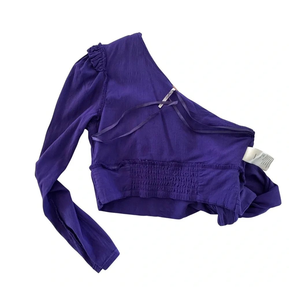 Free People One Shoulder Purple Tie Crop Top Long Sleeve Boho Romantic S - Picture 3 of 7